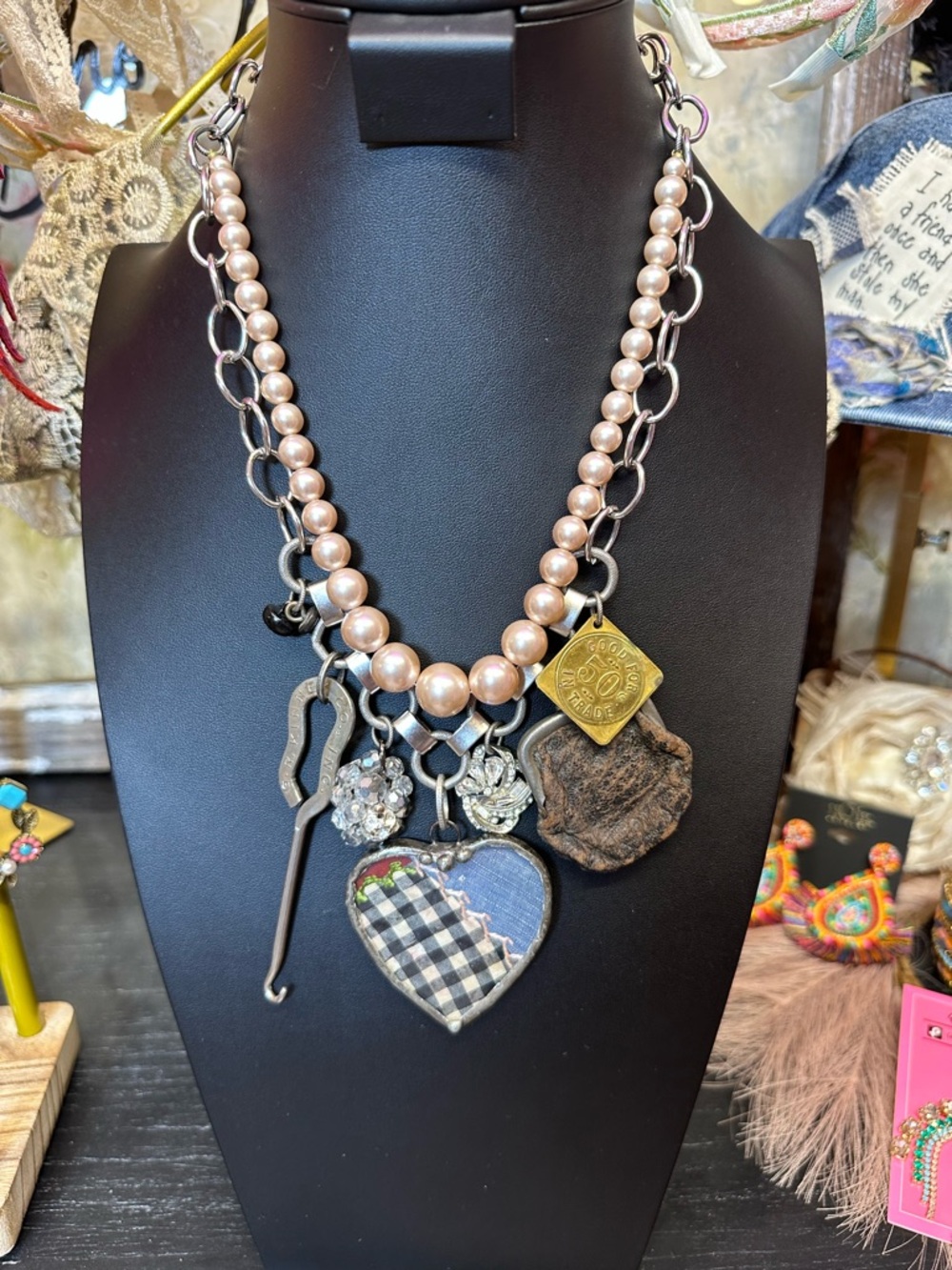 Boutique custom Layered Pink Pearl and Silver Charm Necklace with Heart Pendant